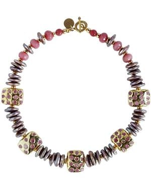 Edgar Navarro Jewelry Navarro Mother Of Pearl Necklace With Cherry Jade & Encrusted Golden Beads - Metallic