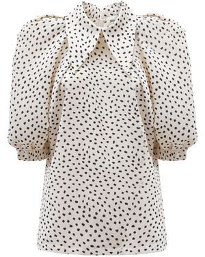 Julia Allert Neutrals Designer Polka Dot Puff Sleeve Blouse - White