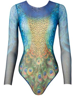 Rodasoleil Smart Swimwear Tan-Through Mesh One-Piece Swimsuit With Sleeves Peacock Mayura - Blue