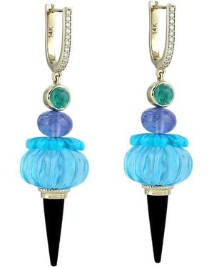 Artisan 14K Swiss Topaz, Emerald, Tanzanite, Carved & Diamond Huggie Earrings - Blue