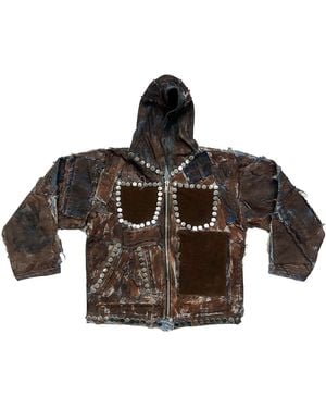 Zasta Studio Shred Couture Studded Denim Jacket With Hoodie - Brown