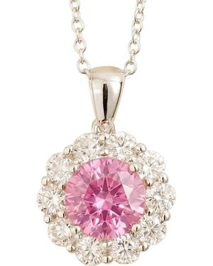 Juvetti Floret Pastel Sapphire Round & Diamond Halo Pendant Necklace - Pink