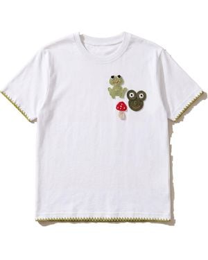 Ana Chic Frog And Mushroom Handmade Crochet Applique Cotton Tee - White