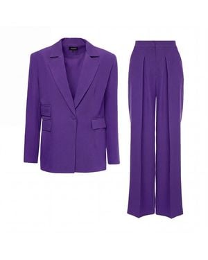 BLUZAT Deep Suit With Regular Blazer With Double Pocket And Ultra Wide Leg Pants - Purple