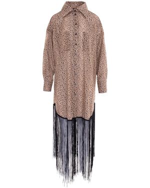 concept A trois Neutrals Oversize Animal Print Cotton Shirt Dress, With Long Fringe - Brown
