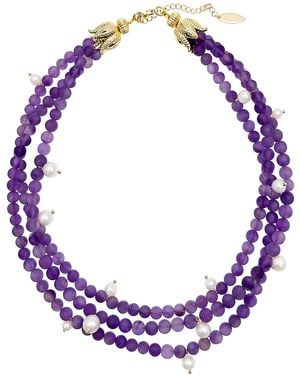 Farra Multi-Layers Matte Amethyst With Pearls Statement Necklace - Purple