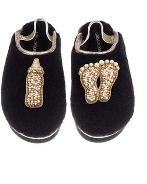 Laines London Flatform Cloud Closed Toe Slippers With New Baby Brooches - Black