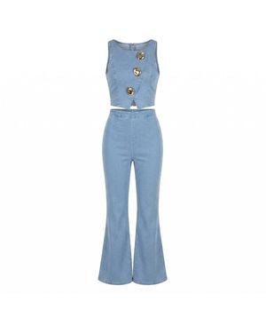 Modenaire Tailored Denim Vest And Wide Leg Trouser Set - Blue