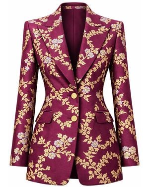 Richa Sharma Luxury Handcrafted Plum Hued Brocade Blazer With Floral Motifs - Red