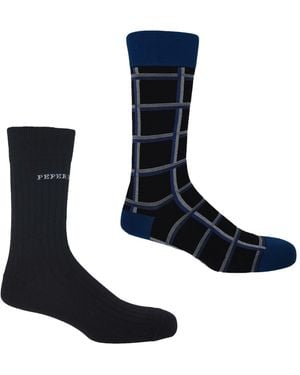 Peper Harow - Made in England Check & Recycled Ribbed Socks Bundle - Blue