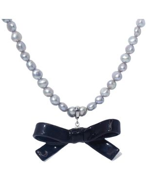 H2 Studio Bow Tie Maniac Ribbon Bowtie Detachable Pendant Dove Freshwater Pearl Necklace - Blue