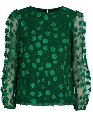 Yumi' Sheer Sleeve Applique Flower Top - Green