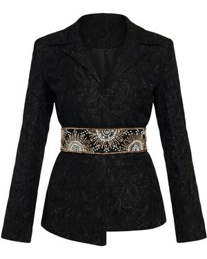 International Appeal Paisley Blazer With Embellished Waisted Belt - Black