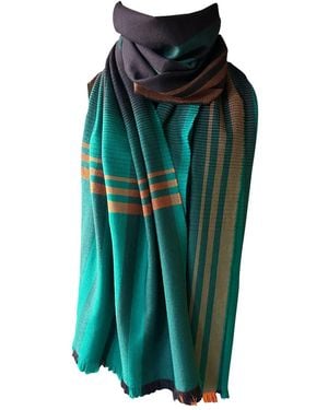 Essien & Emre Checked And Stripe Merino Scarf - Green