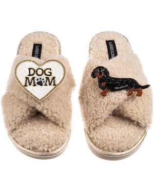 Laines London Neutrals Boucle Slippers With Dog Mum/Mom & & Tan Dachshund Brooches - Natural