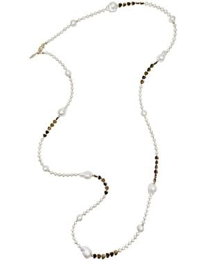 Farra Baroque Freshwater Pearls With Heart Tiger-Eye Stone Long Necklace - Metallic