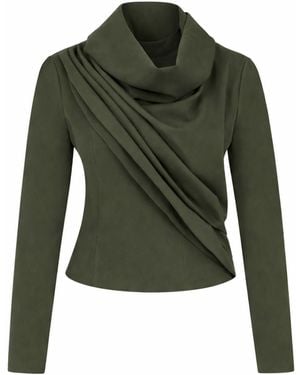 Maan Istanbul Draped Cowl Neck Long Sleeve Top Khaki Blouse - Green
