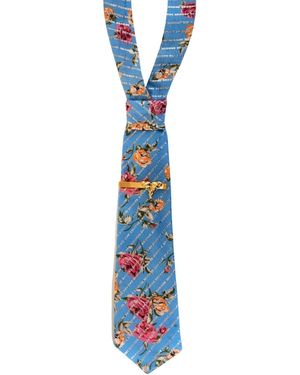 NANDANIE Floral Printed Lurex Petite Necktie + Tie Bar - Blue