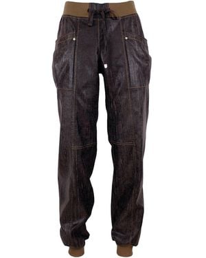 Lalipop Design Jogger Pants With Wood-Textured Vegan Leather Finish - Black