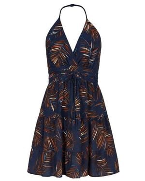 Conquista Leaf Print Empire Line Mini Dress - Blue