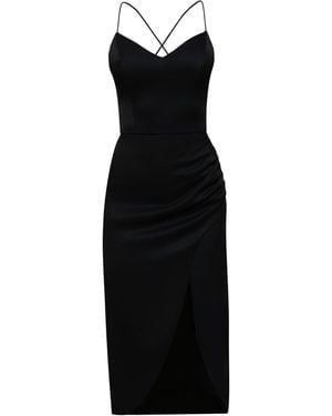 Nomi Fame Selena Satin Midi Dress With Straps And Draped Skirt - Black