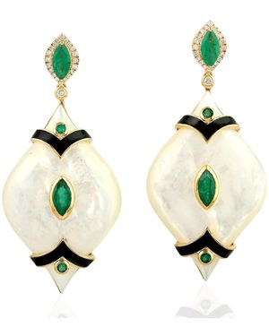 Artisan Mother Of Pearl & Emerald Enamel Drop Earrings With Pave Diamonds - Metallic