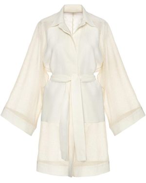 Women & Women Neutrals Golden Sparkling Shimmer Detailed, Woven, Ecru Kimono Shirt - White