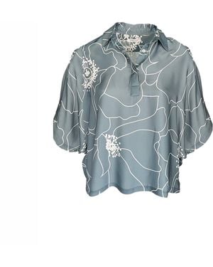 Haris Cotton Printed Satin Batwing Long Sleeve Blouse Peonies - Blue
