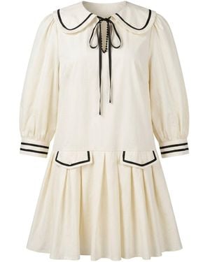 Modenaire Neutrals Long Sleeve Mini Dress With Peter Pan Collar Front Tie Detail Contrast Trim Pockets And Soft Pleated Skirt - Natural