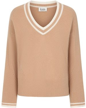 Loop Cashmere Neutrals Striped Tipped V Neck Lofty Jumper - Natural