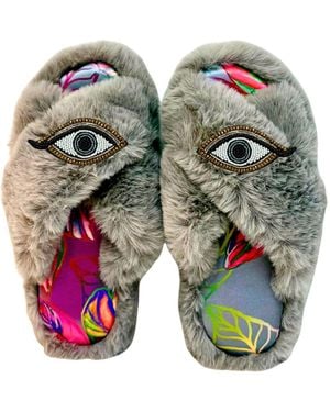 Yomisma Eco Faux Fur Slippers – Tropical Insole + Beaded Evil Eye Brooch - Green