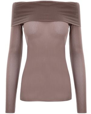 concept A trois Neutrals Off Shoulder Nude Tulle Blouse - Brown