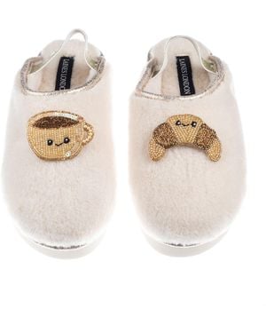 Laines London Neutrals Flatform Cloud Closed Toe Slippers With Laines Lovables Coffee & Croissant Brooches - White