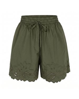 Modenaire Eyelet Embroidered Shorts With Drawstring Waist And Scalloped Hems - Green
