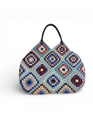 Springmoonatelier Handmade Granny Square Tote – Boho Crochet Bag - Blue