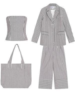 London Atelier Byproduct Striped Blazer Pants Corset And Tote Bag Co Ordinates Set - Gray