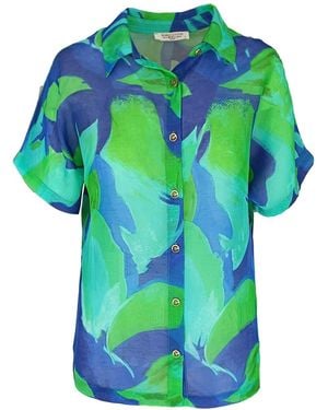 Haris Cotton Short Sleeved Printed Linen Blend Shirt Lagoon - Green