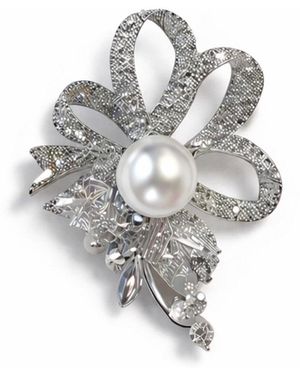 Nuvv Collection Neutrals Crystal Bow Pearl Brooch - Metallic