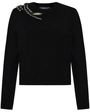 Exquise Regular Hand Embroidered Crew Neck Knit Afsaneh Blouse - Black