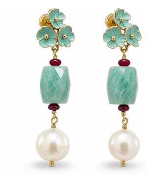 Angel Barocco Amazonite Flower Pearl Drop Earrings - Green