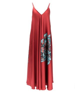 Janara Jones Wine Rose Print Satin V-Neck Bias-Cut Maxi Dress - Red