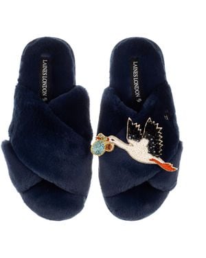 Laines London Classic Laines Slippers With Baby Boy Stork Brooch - Blue