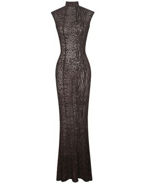 Miss Circle New York Tyanna Mocha Burnout Velvet Mesh Backless Mermaid Maxi Dress - Grey