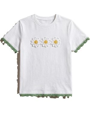 Ana Chic Trim Daisy Handmade Crochet Applique Cotton Tee - White