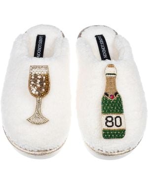 Laines London Neutrals Teddy Closed Toe Slippers With 80Th Champers Bottle & Glass Brooches - White