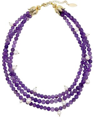 Farra Trible Strands Matte Amethyst With Pearls Necklace - Purple