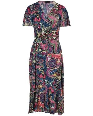 Conquista Print Ruffle Detail Wrap Dress - Blue