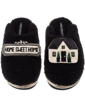 Laines London Teddy Closed Toe Slippers With Home Sweet Home Brooches - Black