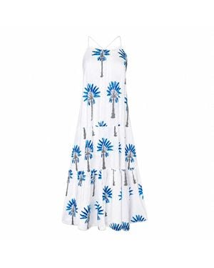 Pick Happy Pintuck Maxi Palm Tree Cotton Dress - Blue