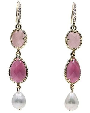 Farra Rose Quartz With Pearls Feminine Dangle Earrings - Pink